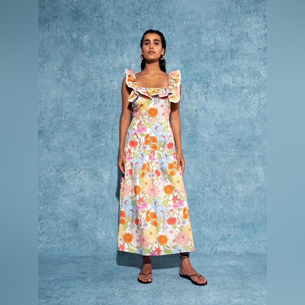 Borgo De Nor Floral Ruffled Midi Dress in Pastel Yellow, Orange, Pink & Blue